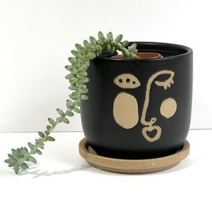 FACE Planter With Rosy Cheek Ceramic 4.5" Matte Black Flower Pot DRAINAGE Saucer
